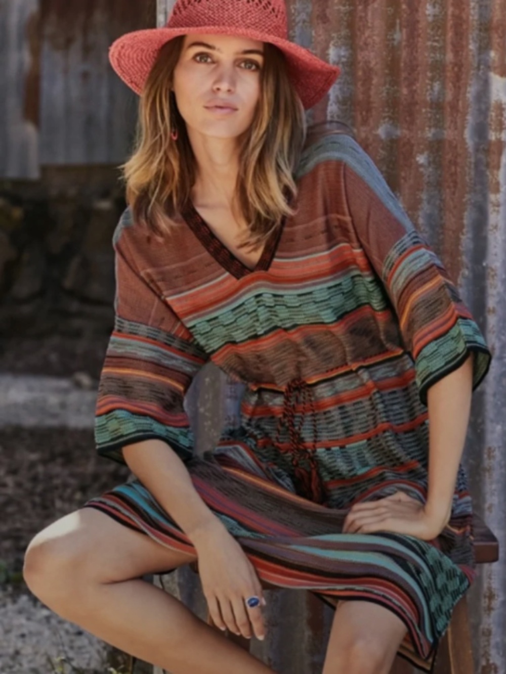 Peruvian Connection Captiva Dress Striped V-Neck Mini Dress in Rust